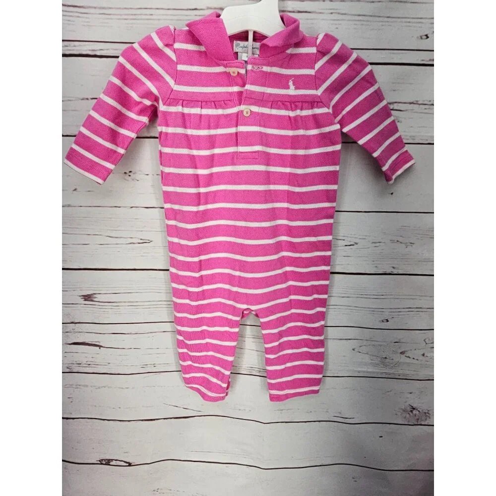 Ralph Lauren Girls Pink Striped‎ Polo Collared Coverall Outfit Size 9M 9 months